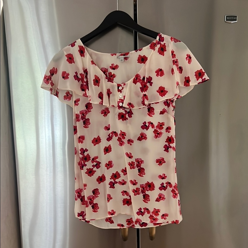 Floral Ruffle Blouse - Red and White